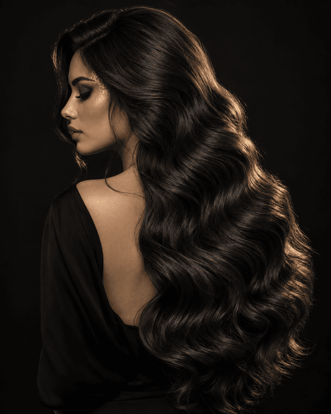 Cabello oscuro largo peinado con ondas.